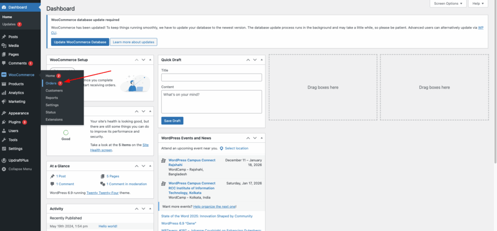 navigate to the WordPress admin dashboard > WooCommerce > Orders