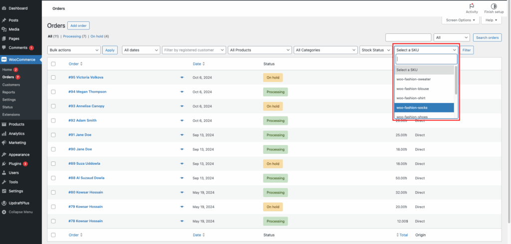Find your desired product orders using the SKU dropdown option