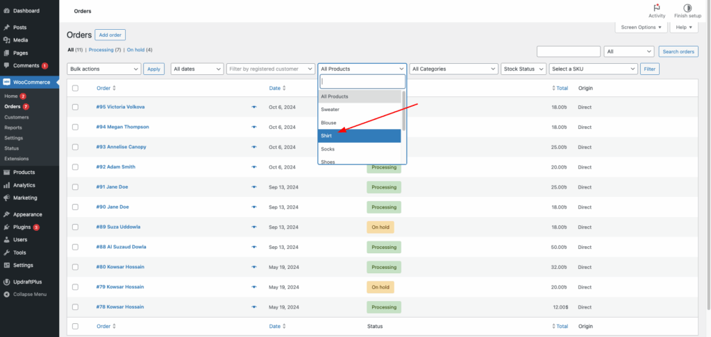 choose Shirt from the dropdown menu items
