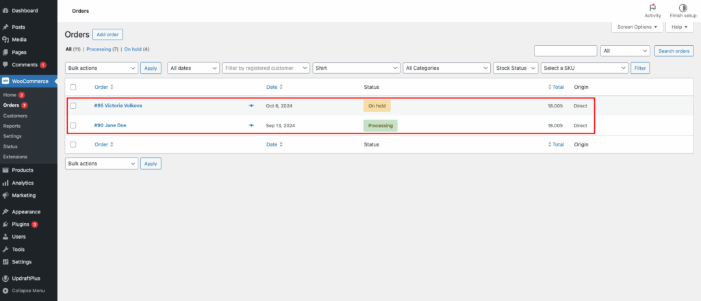 see the filtered orders based on the parameter 'Shirts'