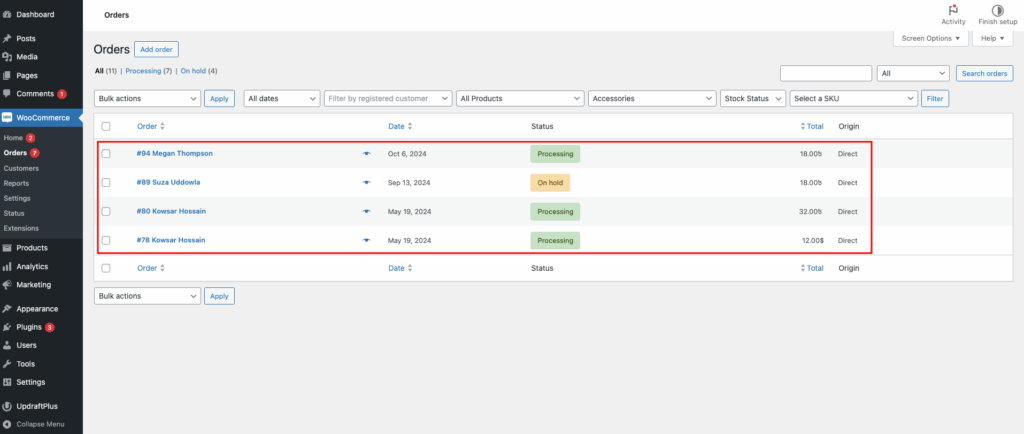 filtered orders by Accessories category